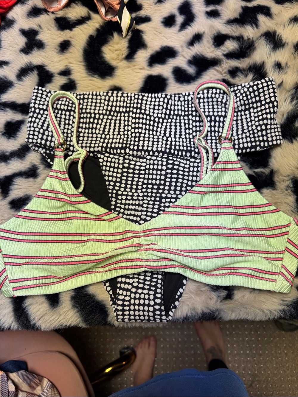 Aerie - Striped Lime & Pink Bikini Top and Black Dot High-Waist Bottom